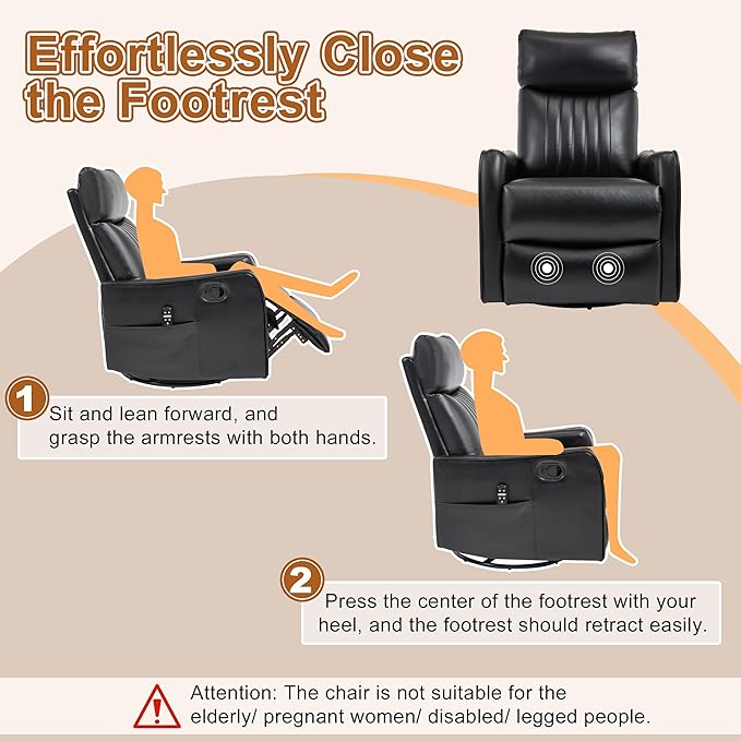 Manual Swivel Rocker Recliner Chair for Adults, Overstuffed Recliner Glider with Massage and Heat, Living Room Reclining Chair, PU Leather Black