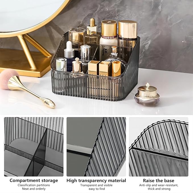 DASITON Large Capacity Makeup Brush Holder,5 Slot Makeup Brush Cup,Vintage striped Make Up Brush Holder,for Vanity Decor,Bathroom Countertops,Desk Storage Container,Cosmetic Display cases(Black-L)