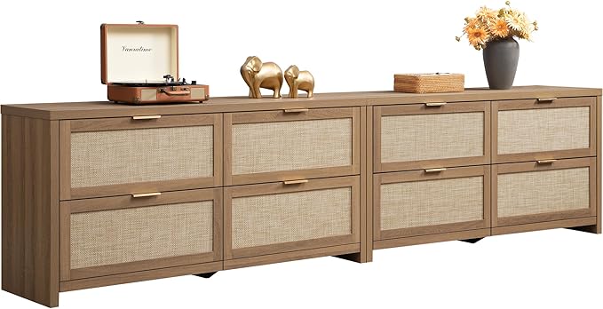 SICOTAS Large Dresser for Bedroom Set 2, Rattan Dressers with 4 Deep Drawers, Long Chest of Drawers for Closet, Farmhouse TV Stand (Reclaimed Caramel Oak, 4 Drawers (2 pcs))