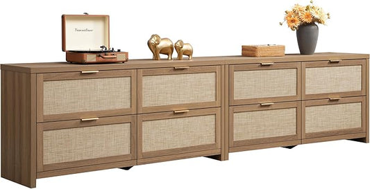 SICOTAS Large Dresser for Bedroom Set 2, Rattan Dressers with 4 Deep Drawers, Long Chest of Drawers for Closet, Farmhouse TV Stand (Reclaimed Caramel Oak, 4 Drawers (2 pcs))