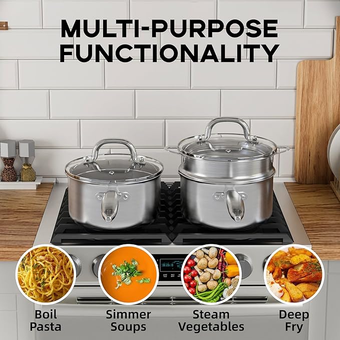 Leetaltree 1.5 Quart Stainless Steel Saucepan with Steamer Basket, Tri-ply Construction, Versatile Sauce Pan with Double-sized Drainage Lid - Perfect for Cooking Gravies. Pasta, Vegetable and More