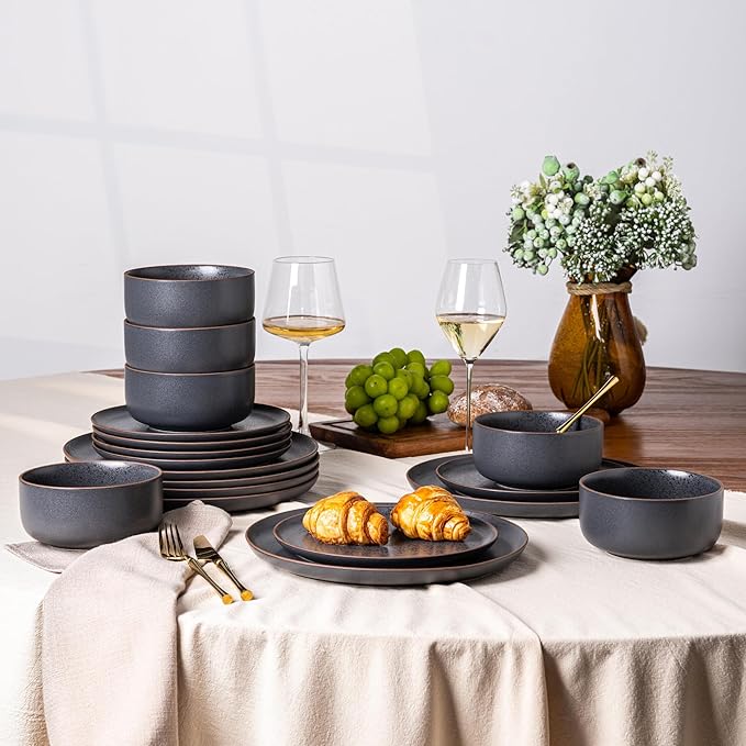LERATIO Stoneware Dinnerware Sets for 6,Handcarft Ceramic Plates and Bowls Sets,Chip and Scratch Resistant Dishes, Dishwasher & Microwave Safe, Oven safe,Reactive Glaze-Speckled Ashen
