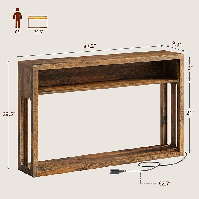FAVOOSTY Farmhouse Console Table with Storage, 47" Entryway Console Table with Led Light, 2-Tier Entryway Table Sofa Table Behind Couch Table Hallway Stand for Living Room,Foyer,Entrance Brown