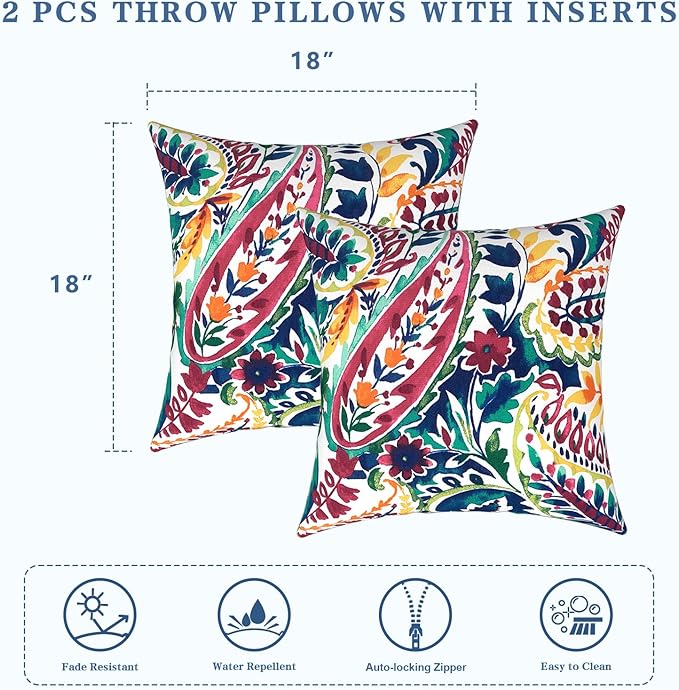 LVTXIII Outdoor/Indoor Throw Pillows, Decorative Throw Pillows with Inserts, 18"x18" Square Pillows for Bed, Couch, Sofa and Patio Furniture, Set of 2, Vigour Paisley