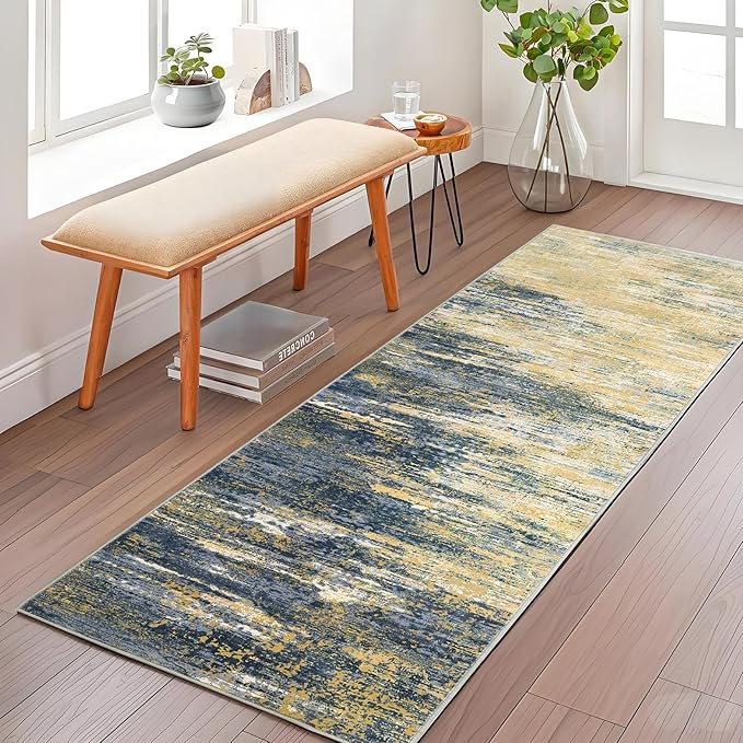 Washable Runner Rug 2x6 Modern Abstract Kitchen Rugs, Non Slip Bathroom Rug, Low Pile Laundry Room Soft Long Carpet for Hallway Bedroom Entryway, Yellow/Black