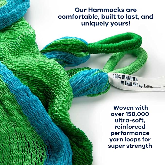 Handwoven Hammock by Yellow Leaf Hammocks - Family Size, Fits 2+ PPL, 550lb max - Weathersafe, Super Strong, Easy to Hang, Ultra Soft, Artisan Made - Color: Blue - Green