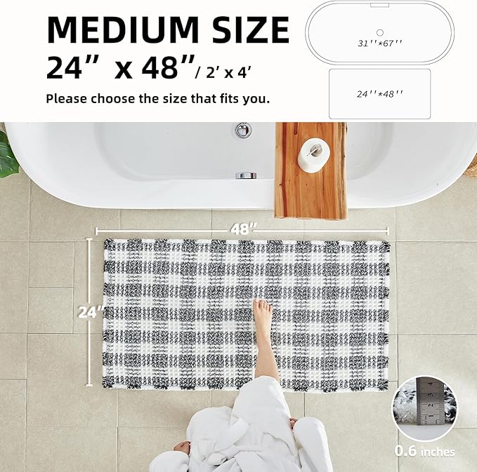Waffle Bath Mat, Boho Bathroom Rugs Non Slip Washable Absorbent Checkered Bathroom Mat Quick Dry Farmhouse Bathroom Decor, 48"x24" Black and White