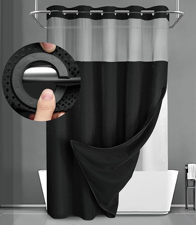 YellyHommy No Hook Shower Curtain with Snap in Liner Set Less Time Black Waffle Shower Curtain for Bathroom 87" L x 72" W
