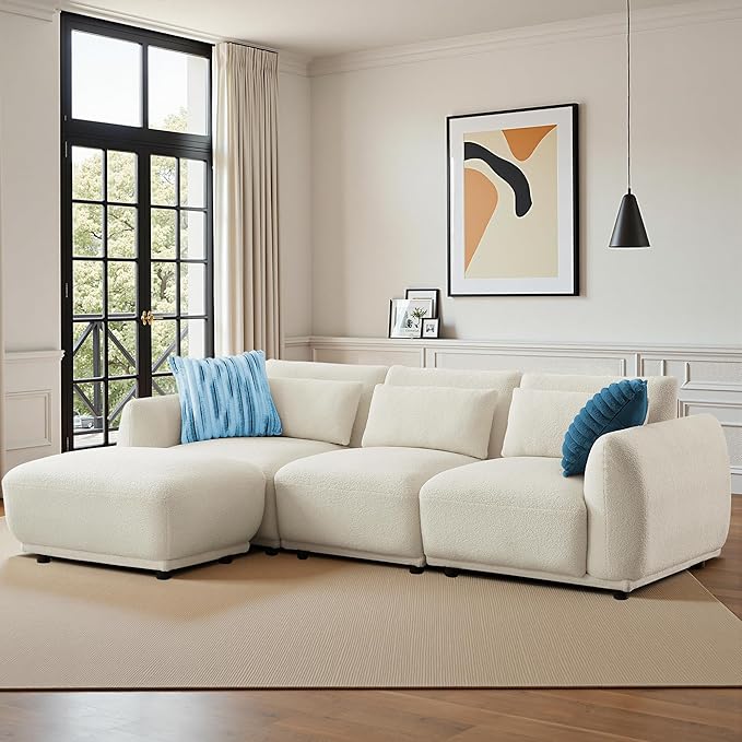 Sectional Sofa Couch, Modern Convertible U Shaped Sectional Couch with Ottoman, Modular Sectional Sofa Cloud Couches for Living Room (White, 3 Set + 1 Ottoman)