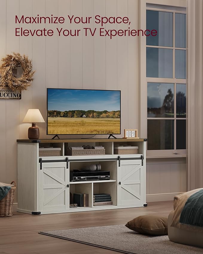 VASAGLE TV Stand for TVs up to 65 Inches, Farmhouse Entertainment Center with Sliding Barn Doors, TV Console Table for Living Room, Rustic White and Honey Brown ULTV322W73