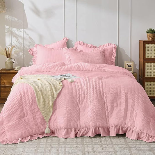 JOLLYVOGUE Pink Seersucker King Comforter Set, 3 Pieces Bed in a Bag Comforter Set, Lightweight & Fluffy Bedding Sets King for All Season with 1 Ruffle Comforter and 2 Ruffle Pillowshams