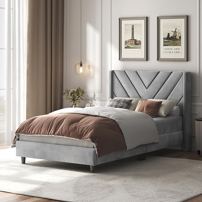 Yaheetech Twin Bed Frame Upholstered Platform Bed with Wing Side/Wooden Slat Support/Tufted Headboard with Wing Side/Mattress Foundation/No Box Spring Needed,Light Gray Twin Bed