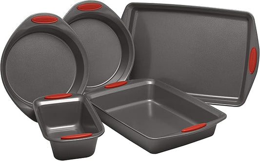 Rachael Ray Nonstick Bakeware with Grips includes Nonstick Bread Pan, Baking Pan, Cake Pans and Cookie Sheet / Baking Sheet - 5 Piece, Gray with Red Grips