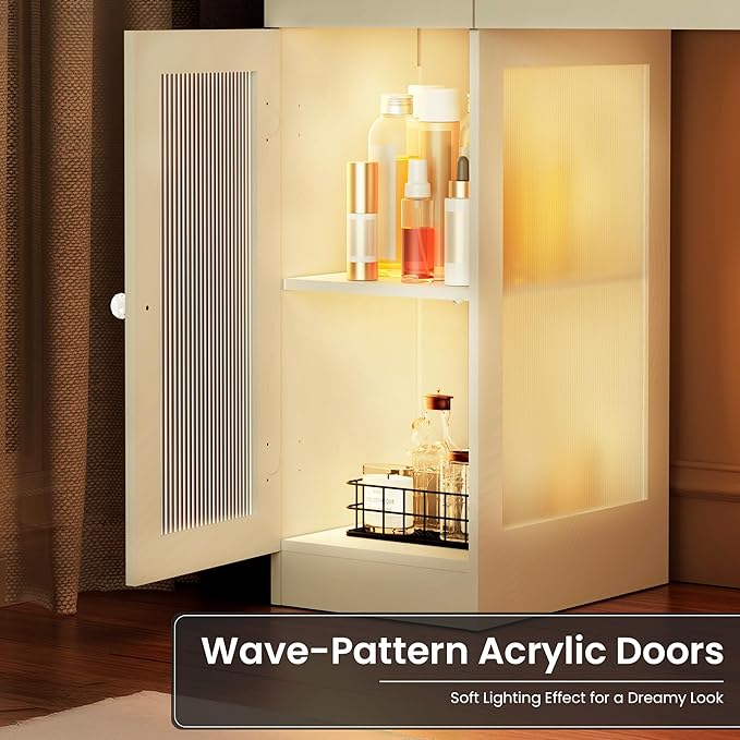 Pamapic Makeup Vanity with Lighted Mirror, Glass Top Vanity Desk with Power Outlet, 3-Drawer White Vanity, Makeup Table with 3 Color Modes Adjustment