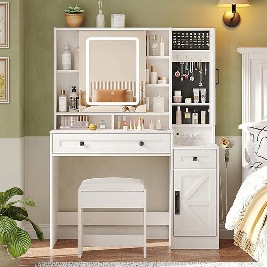 Vabches Makeup Vanity Desk with Mirror and Lights, Farmhouse Vanity Mirror with Lights Desk and Chair, White Vanity Table with Charging Station and Storage, Dressing Table Set for Bedroom Room