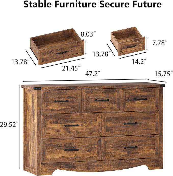 7-Drawer Dresser for Bedroom – 47" Wide Modern Wooden Chest with Natural Wood Texture, TV Stand & Storage, Metal Corner Brackets, Wood Drawer Organizer for Living Room, Hallway