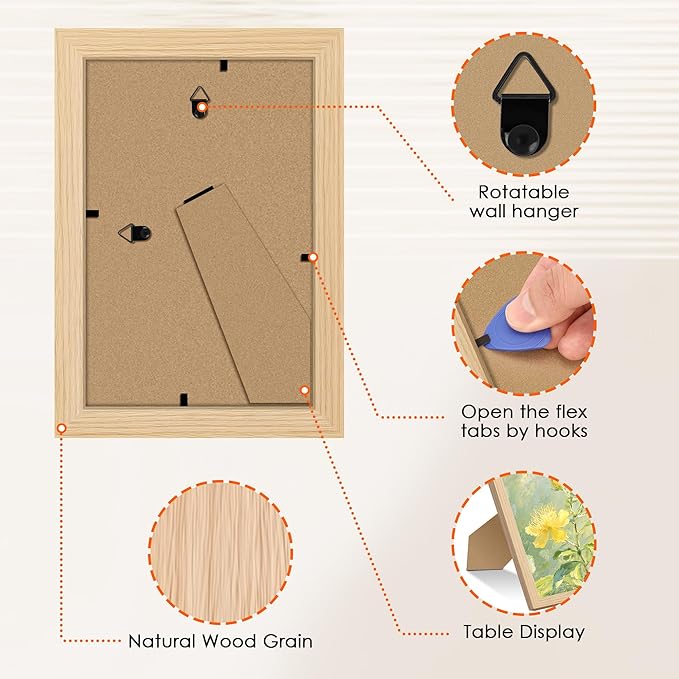 FIXSMITH 5x7 Picture Frame Set of 2, Photo Frame with HD Plexiglass, Display Pictures 4x6 with Mat or 5x7 Without Mat Multi Picture Frames Collage for Tabletop or Wall Display, Natural