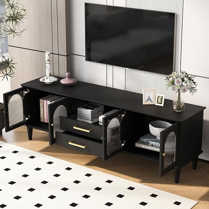 Merax 68.9'' TV Stand for TVs up to 75 Inches, Entertainment Center Media Console Table with Storage Cabinet, Fluted Glass Doors, Wood Legs for Living Room