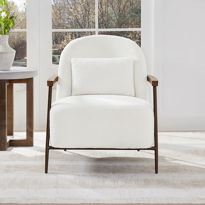 CHITA Accent Chair for Living Room Set of 2, FSC Certified Modern Upholstered Faux Sherpa Fabric Armchair with Metal Frame and Wooden Armrests, White