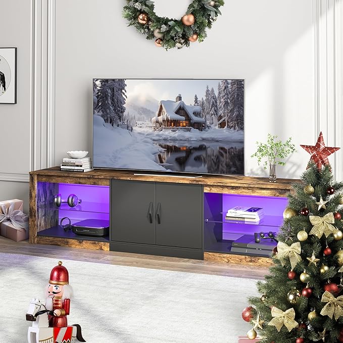 Bestier 70 Inch Led TV Stand for Large TVs - Modern Rustic Brown Entertainment Center with Adjustable Glass Shelves, Two Cabinets, 22 RGB Modes for Living Room Gaming