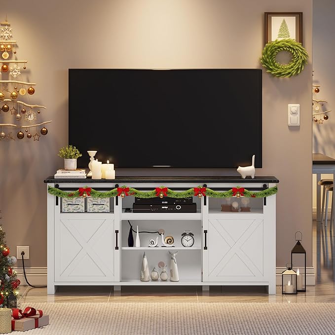 YITAHOME TV Stand for 75 Inch TV with Power Outlets, Farmhouse Entertainment Center with Sliding Barn Doors & Adjustable Shelves, TV Media Console Storage Cabinet for Living Room, Bedroom, White/Black