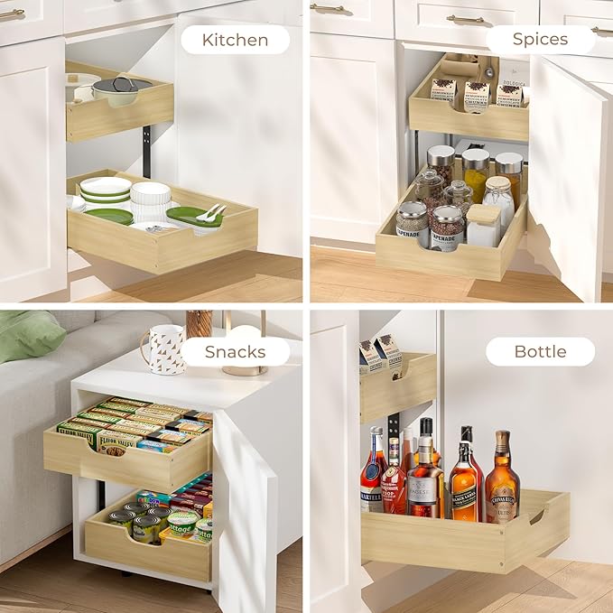 COOLBEBE Pull Out Drawer Organizer for Cabinets, 2 Tier Soft Close Cabinet Drawers Slide Out, 2 Layer Wood Double Tier Pull Out Shelves for Kitchen, Pantry, Bathroom