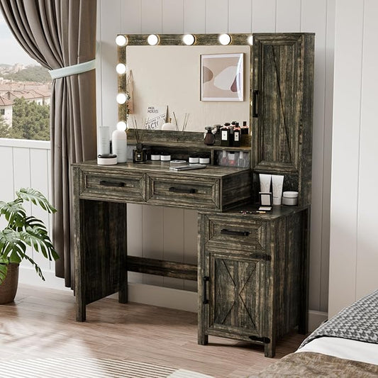 Farmhouse Makeup Vanity, Vanity Desk with Square Mirror, Tricolor Lighting Adjustment & Built-in Charging Station, Multi-Functional Wood Vanity with 2 Drawers & Open Storage Space, Brown