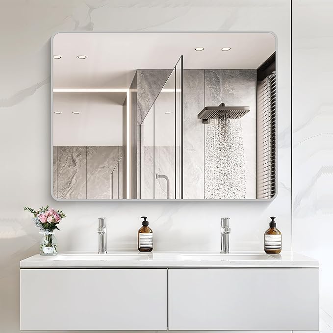 48x36 Inch Silver Bathroom Mirror, Large Rectangular Vanity Mirror, Metal Framed Rectangle Mirrors, Rounded Corner Wall Mounted Mirrors for Living Room Bedroom Entryway Horizontal or Vertical