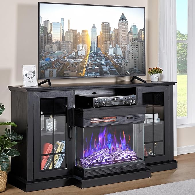 AMERLIFE 3-Sided Glass Fireplace TV Stand for TVs up to 65'', Media Entertainment Center Console Table with Door Closed Storage, Black