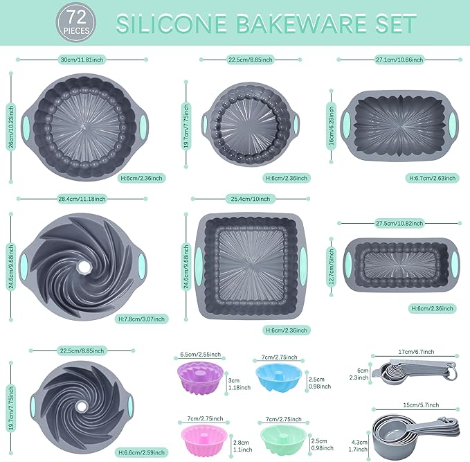 Tongjude 72 Pieces Silicone Bakeware Set, Nonstick Baking Pans Set, Easy Release Oven Silicone Pan for Kitchen with Cake Pans, Loaf Pans, Baking Cups, Measuring Cups and Spoons Set, Grey