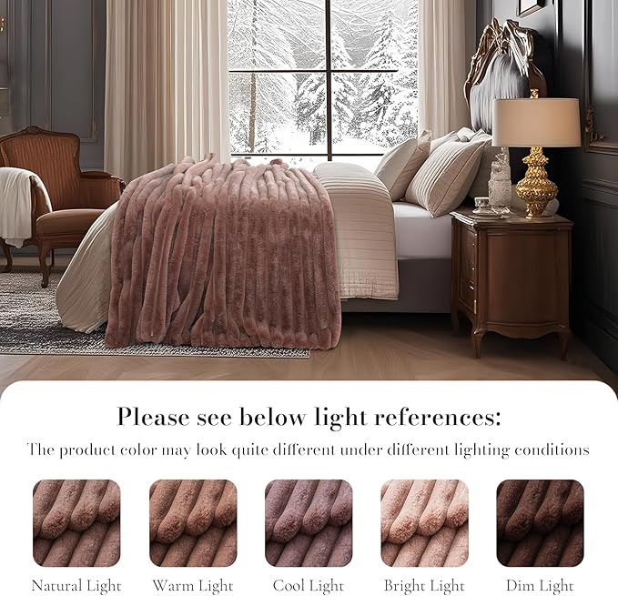 Amélie Home Faux Fur Throw Blanket for Couch, Ultra Cozy Fuzzy Fluffy Fur Luxurious Soft Striped Plush Gift Blankets for Family Sofa Chair Bed Living Room Bedroom, 55"x70", Ionic Fox Brown