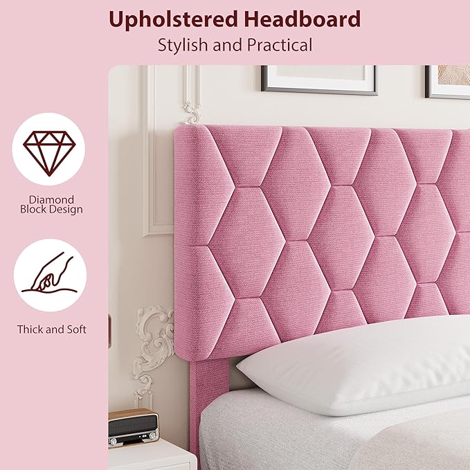 GAOMON Pink Full Bed Frame with Upholstered Headboard, Heavy-Duty Platform Bed Frame with Strong Wood Slats, No Box Spring Needed/Noise Free/Easy Assembly