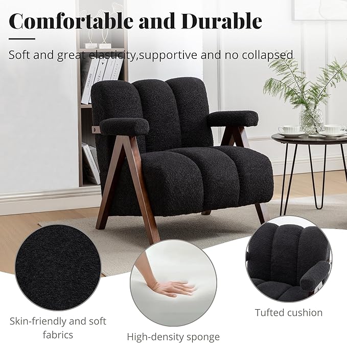 Mid Century Modern Accent Chair with Solid Wood Frame, Boucle Upholstered Living Room Chairs with Thick Cushion, Comfy Tufted Arm Chair for Bedroom, Black