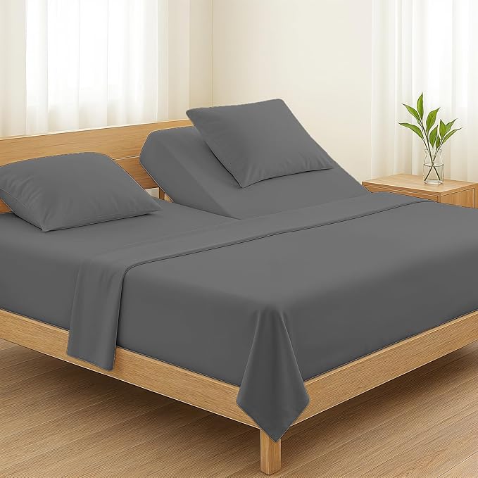 TEXAS LINEN CO. Egyptian Cotton Split King Sheet Set - 800 Thread Count 5 PC Dark Grey Sheets for Adjustable Bed, Extra Long Staple Soft Cooling Sheets, Luxury Hotel Sheets, 16" Deep Pocket Bedsheet