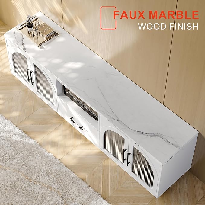 70" TV Stand for 75 Inch TVs, Modern Entertainment Center with LED Lights and Arched Glass Doors, Faux Marble Wood Finish, Adjustable Shelves, TV Cabinet for Living Room, White