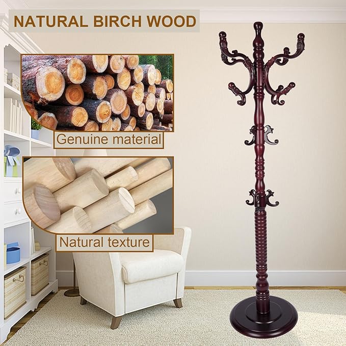 Coat Rack Freestanding with 18 Hooks, Wooden Standing Coat Racks for Entryway, Solid Wood Clothes Hanger Rack with Sturdy Round Base for Entryway, Hall, Bedroom, Office, Hallway
