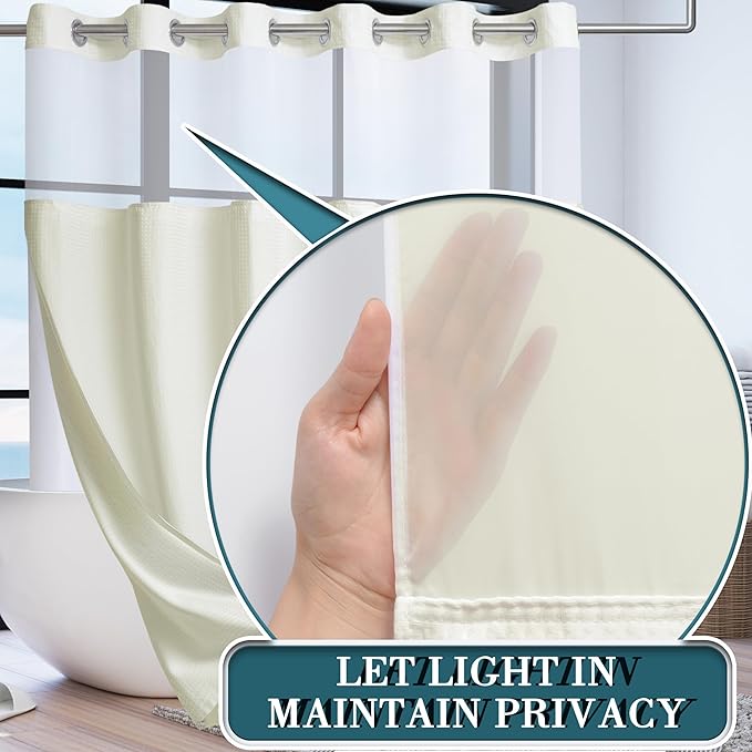 Extra Wide No Hook Waffle Weave Shower Curtain with Snap in Liner Set, 108" x 74" Hotel Luxury Beige Shower Curtains for Bathroom with See Through Top Window, Waterproof, Washable 108W x 74H