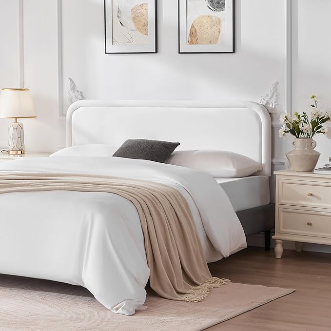 Velvet Fabric Headboard Queen, Upholstered Headboard Queen Size Only, Dorm Bed Headboards from 41” to 49” Height, Sturdy and Durable Solid Wood Bed Head Board, White