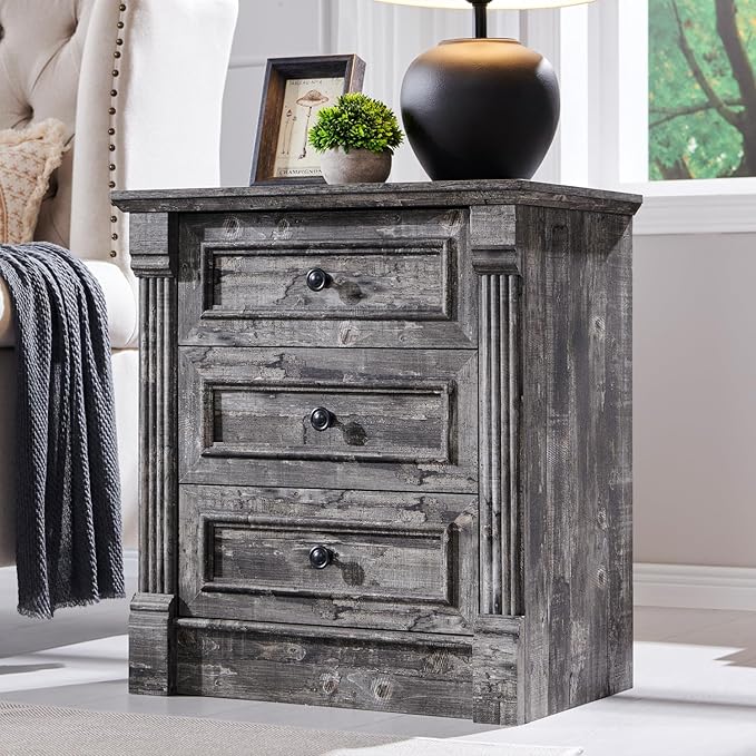 26" Tall Nightstand with Charging Station, Farmhouse 23.6" Wide Large End Table w/Roman Column, Wood Rustic Side Table w/Metal Handle, 3 Drawers Dresser for Bedroom, Living Room, Light Grey