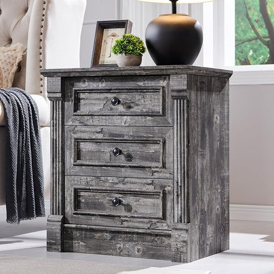 26" Tall Nightstand with Charging Station, Farmhouse 23.6" Wide Large End Table w/Roman Column, Wood Rustic Side Table w/Metal Handle, 3 Drawers Dresser for Bedroom, Living Room, Light Grey