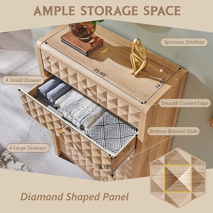 Modern 5 Drawer Dresser for Bedroom, Wooden Tall Dressers &Chests of Drawers w/Two Different Drawer Sizes, Mid Century Modern Dresser w/Diamond Panel Decorate for Bedroom,Curved Profile Design,Natural