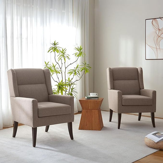 High Back Living Room Chairs, Fabric Accent Chair, Comfy Upholstered Armchair with Wooden Legs for Living Room, Bedroom, Apartment (2, Brown)