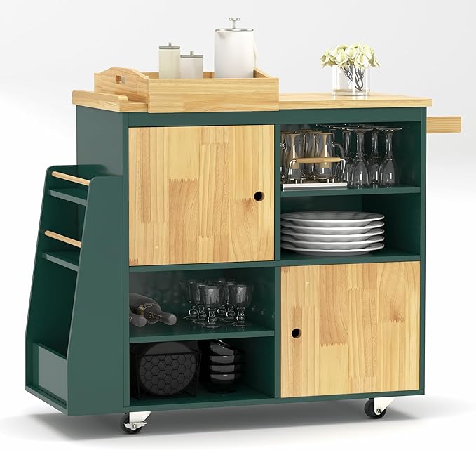 NSdirect Kitchen Island Cart,Kitchen Bar&Serving Cart Rolling on Wheels with Spice Rack Towel Holder Utility Storage Trolley with Storage Drawers,Green