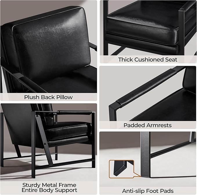 Yaheetech PU Leather Armchair, Retro Leisure Accent Chair with Extra Soft Padded and Cushion, Modern Reading Arm Chair with Black Metal Frame for Living Room/Office/Bedroom/Study Black 2 PCS