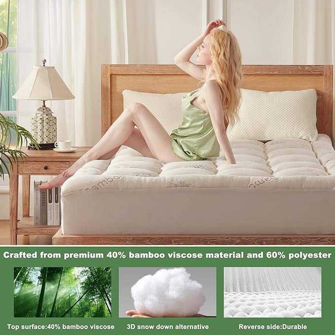 BEDLORE Full Size Mattress Topper Viscose Derived from Bamboo, Thick Pillow Top Mattress Pad with Stretchable Pockets for 6"-15" Mattress, Breathable Mattress Topper for Back Pain Relief(Beige)