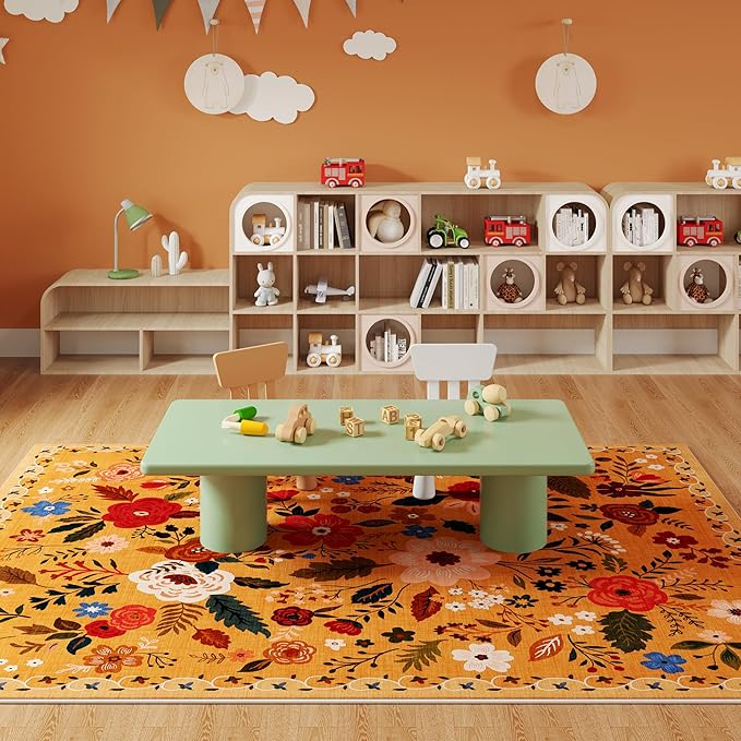 Living Room Rug 5x7 Rug Machine Washable Boho Area Rug Non Slip Floral Vintage Low Pile Large Rugs for Living Room, Bedroom, Farmhouse, Dining Room, Kids Playroom(Yellow)