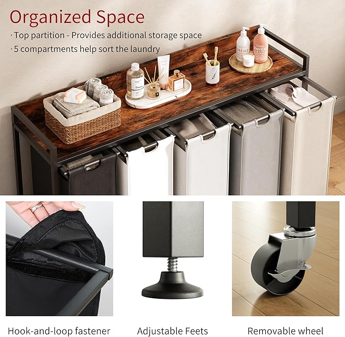 Laundry Hamper with Shelf, Laundry Basket 5 Section, Laundry Sorter with Pull-Out Removable Large 5 Color Bags and Movable Wheels, Metal Frame, 5 x 15.87 Gallons (60L), Rustic Brown PF08XLN
