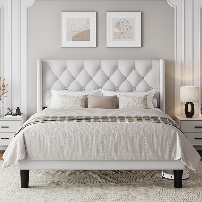 Queen Size Upholstered Bed Frame with Wingback Headboard, Fabric Linen Platform Bed, 8" Under Bed Storage, Wooden and Metal Slats Support, No Box Spring Needed, White