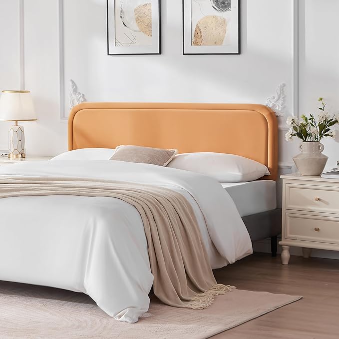 Velvet Fabric Headboard Queen, Upholstered Headboard Queen Size Only, Dorm Bed Headboards from 41” to 49” Height, Sturdy and Durable Solid Wood Bed Head Board, Orange