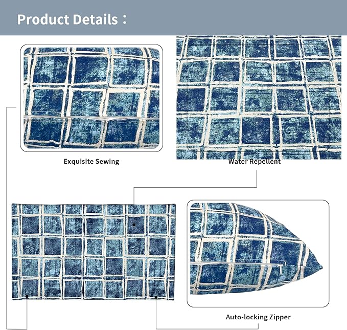 Outdoor Lumbar Pillow Covers 12”x20”, Rectangle Throw Pillow Covers for Patio Furniture, Decorative Lumbar Cushion Case for Garden Balcony Couch Office Chair, Pack of 2,Denim Blue Checkered